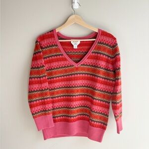 Talbots Pink Red Brown Striped 100% Merino Wool Sweater Size Small